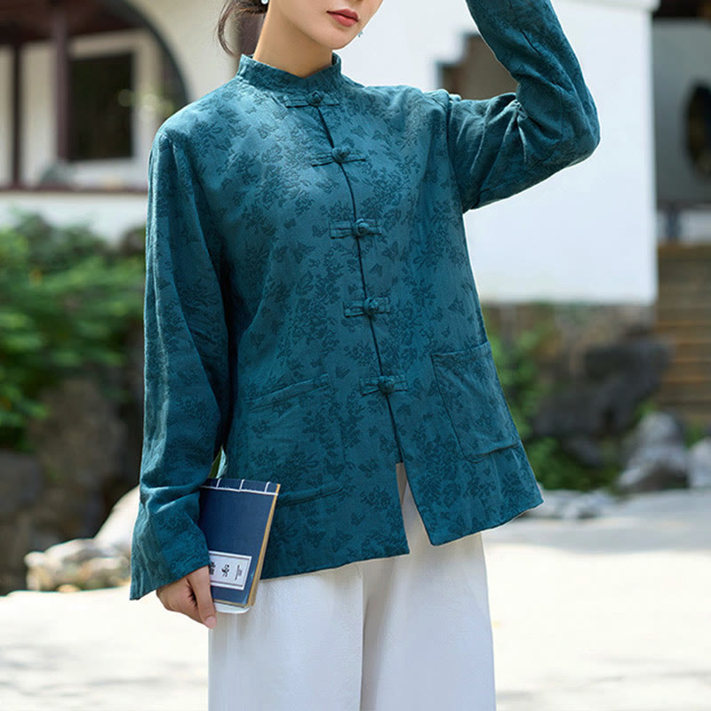 Camicia e pantaloni da donna in cotone jacquard a maniche lunghe con bottoni a rana e tasche Buddha Stones - Camicia blu - US8-10, UK/AU12-14, EU40-42 (2XL) - image 0