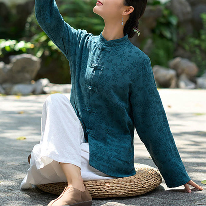 Camicia e pantaloni da donna in cotone jacquard a maniche lunghe con bottoni a rana e tasche Buddha Stones - image 3