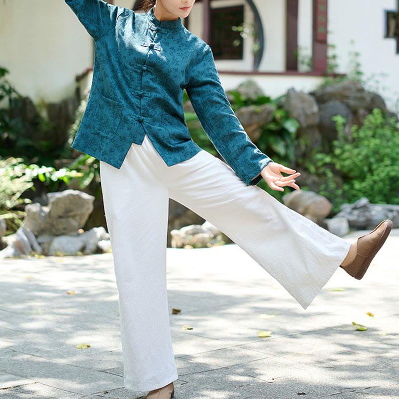 Camicia e pantaloni da donna in cotone jacquard a maniche lunghe con bottoni a rana e tasche Buddha Stones - image 7
