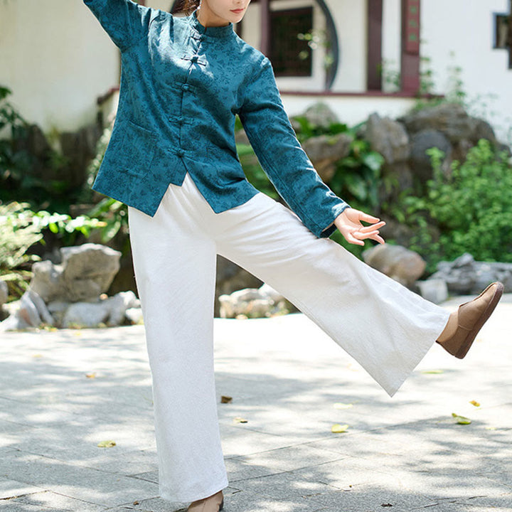Camicia e pantaloni da donna in cotone jacquard a maniche lunghe con bottoni a rana e tasche Buddha Stones - image 7