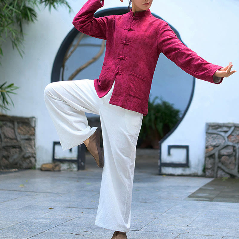 Camicia e pantaloni da donna in cotone jacquard a maniche lunghe con bottoni a rana e tasche Buddha Stones - image 21