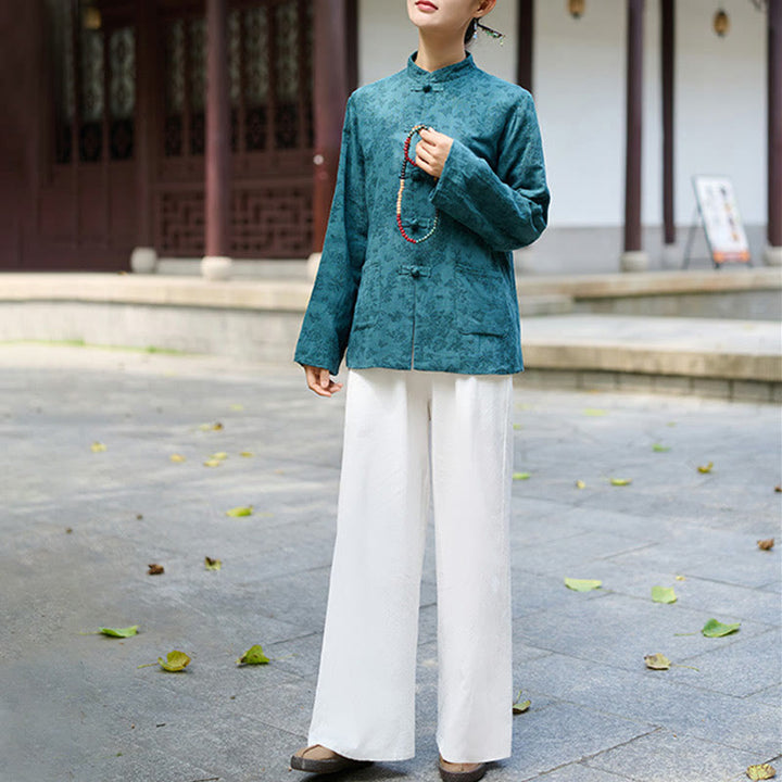 Camicia e pantaloni da donna in cotone jacquard a maniche lunghe con bottoni a rana e tasche Buddha Stones - image 6