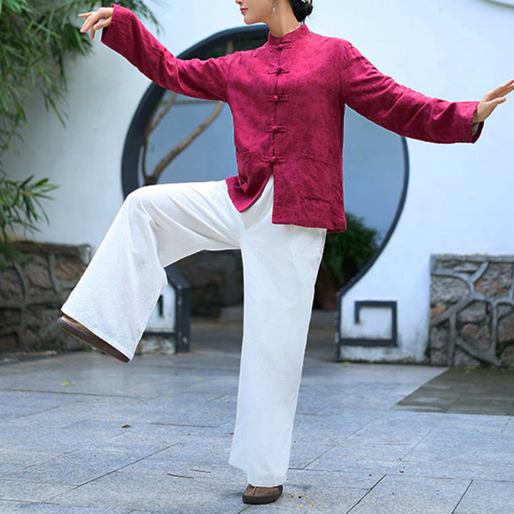 Camicia e pantaloni da donna in cotone jacquard a maniche lunghe con bottoni a rana e tasche Buddha Stones - image 17