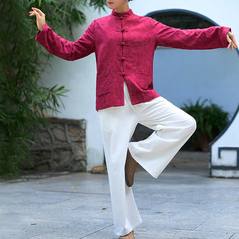 Camicia e pantaloni da donna in cotone jacquard a maniche lunghe con bottoni a rana e tasche Buddha Stones - image 20