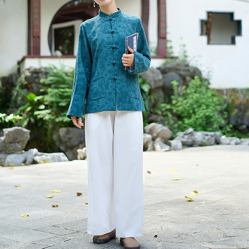 Camicia e pantaloni da donna in cotone jacquard a maniche lunghe con bottoni a rana e tasche Buddha Stones - image 4