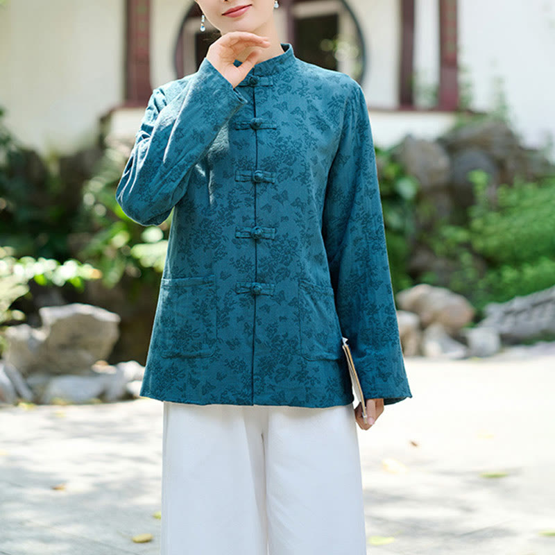 Camicia e pantaloni da donna in cotone jacquard a maniche lunghe con bottoni a rana e tasche Buddha Stones - image 2