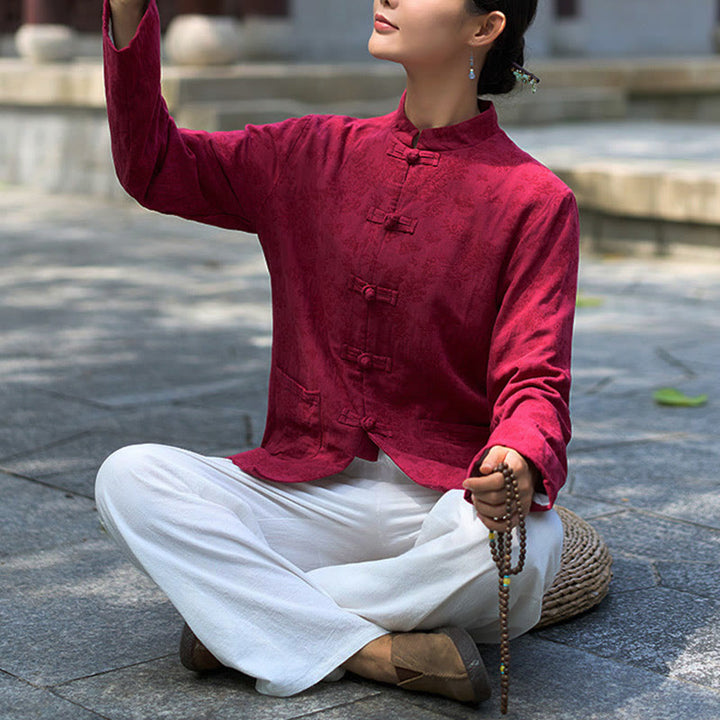 Camicia e pantaloni da donna in cotone jacquard a maniche lunghe con bottoni a rana e tasche Buddha Stones - image 18