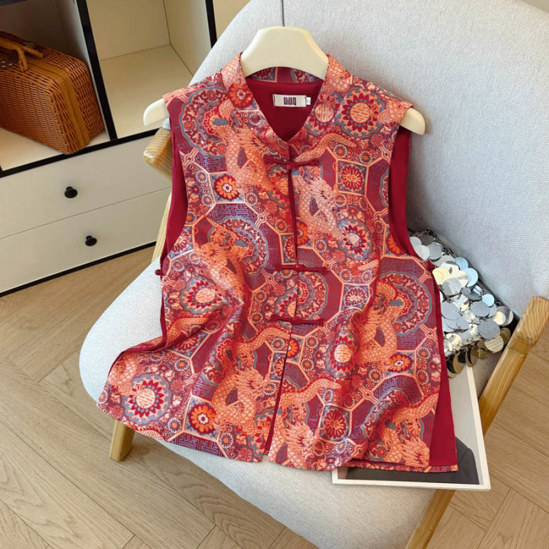 Camicia da donna con gilet, gilet e bottoni in bambù, motivo jacquard, motivo Buddha Stones Frog Dragon Flower - Gilet rosso - US8-10, UK/AU12-14, EU40-42 (2XL) - image 1