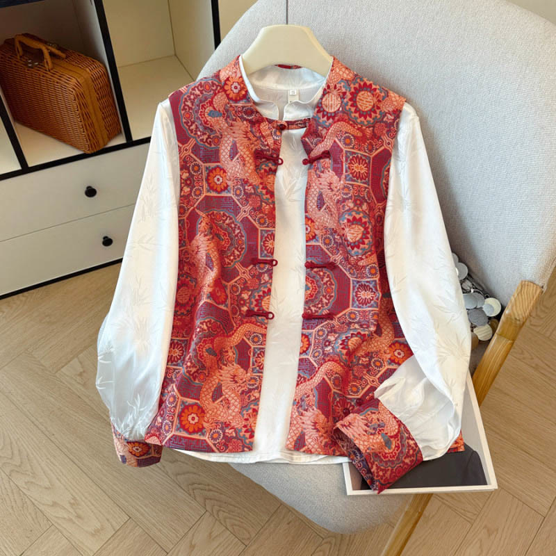 Camicia da donna con gilet, gilet e bottoni in bambù, motivo jacquard, motivo Buddha Stones Frog Dragon Flower - image 0