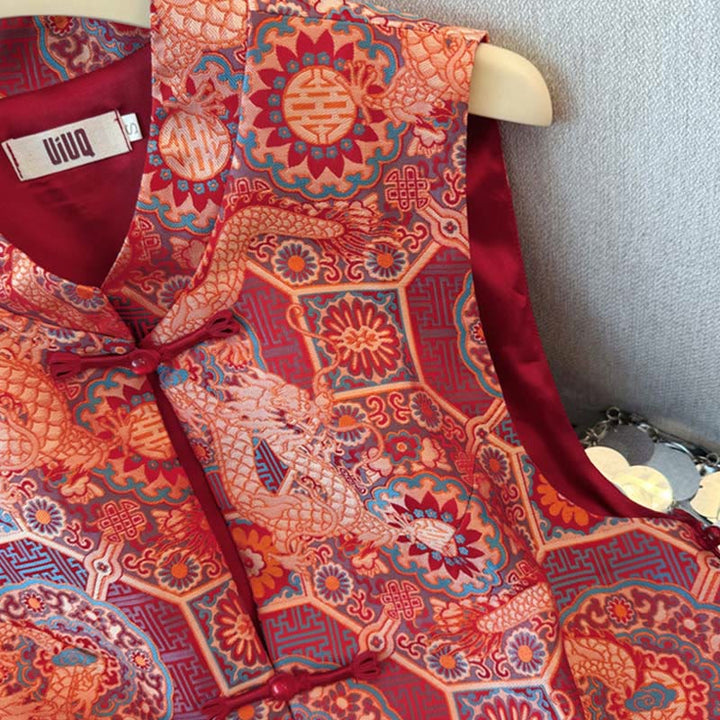 Camicia da donna con gilet, gilet e bottoni in bambù, motivo jacquard, motivo Buddha Stones Frog Dragon Flower - image 4