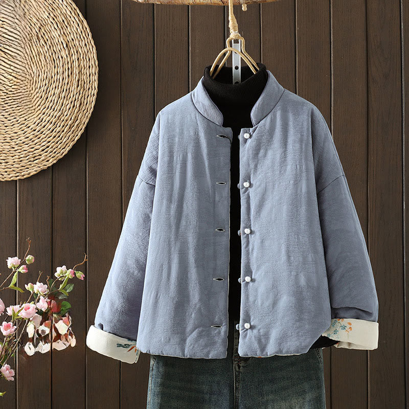 Giacca da donna in cotone spesso a maniche lunghe con bottoni a rana e polsini floreali, motivo Buddha Stones - BluAcciaioChiaro - US8-10, UK/AU12-14, EU40-42 (2XL) - image 0