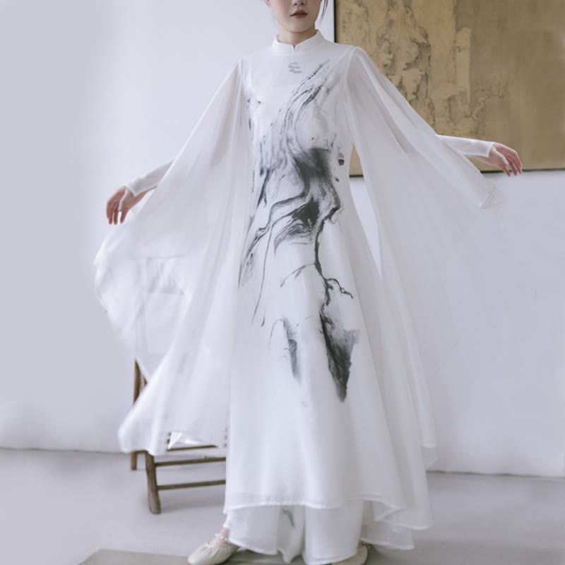 Pantaloni da meditazione midi da donna a maniche corte con stampa di inchiostro bianco Buddha Stones, abbigliamento zen - image 2