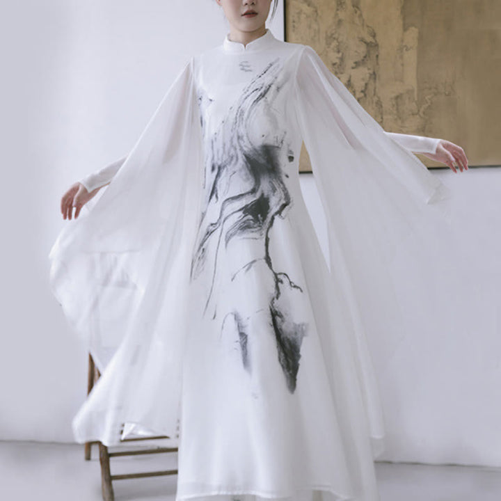 Pantaloni da meditazione midi da donna a maniche corte con stampa di inchiostro bianco Buddha Stones, abbigliamento zen - Abito (solo abito) - US8-10, UK/AU12-14, EU40-42 (2XL) - image 10