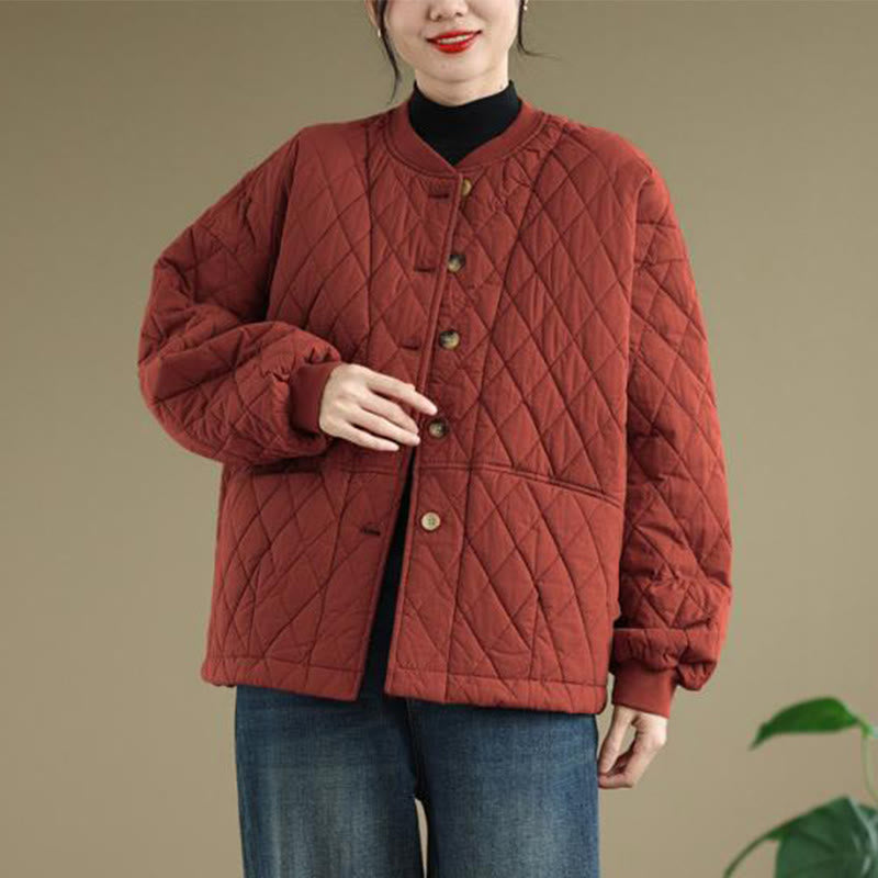 Giacca da donna in cotone spesso a maniche lunghe con motivo a griglia di diamanti Buddha Stones con tasche - image 12