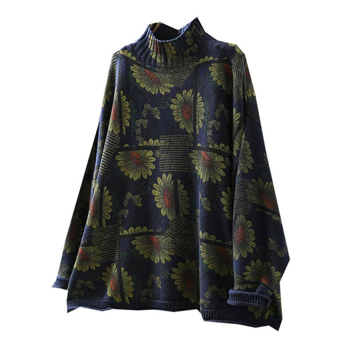 Maglione da donna in cotone a maniche lunghe con collo alto e motivo a girasole Buddha Stones - image 12