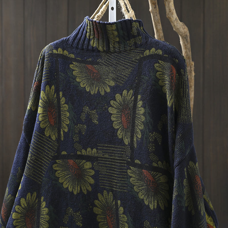 Maglione da donna in cotone a maniche lunghe con collo alto e motivo a girasole Buddha Stones - image 5