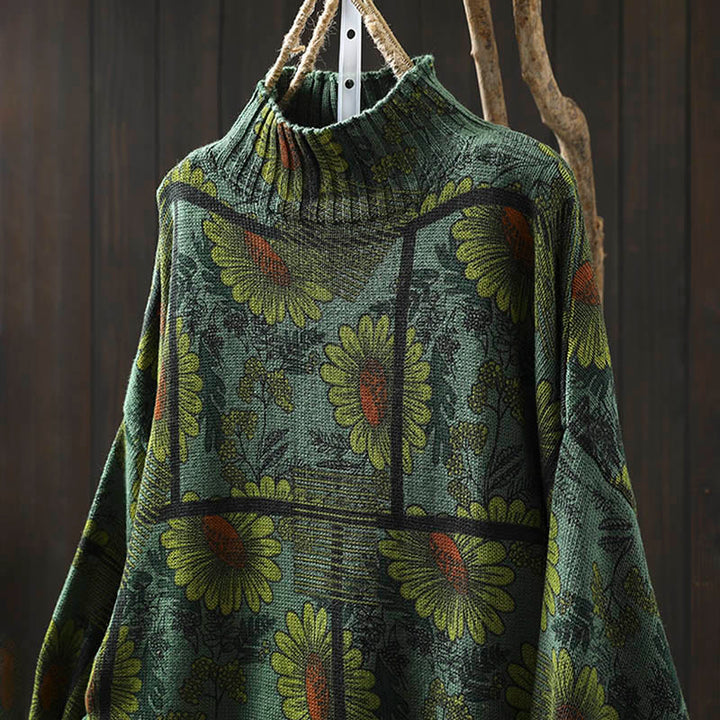 Maglione da donna in cotone a maniche lunghe con collo alto e motivo a girasole Buddha Stones - image 16