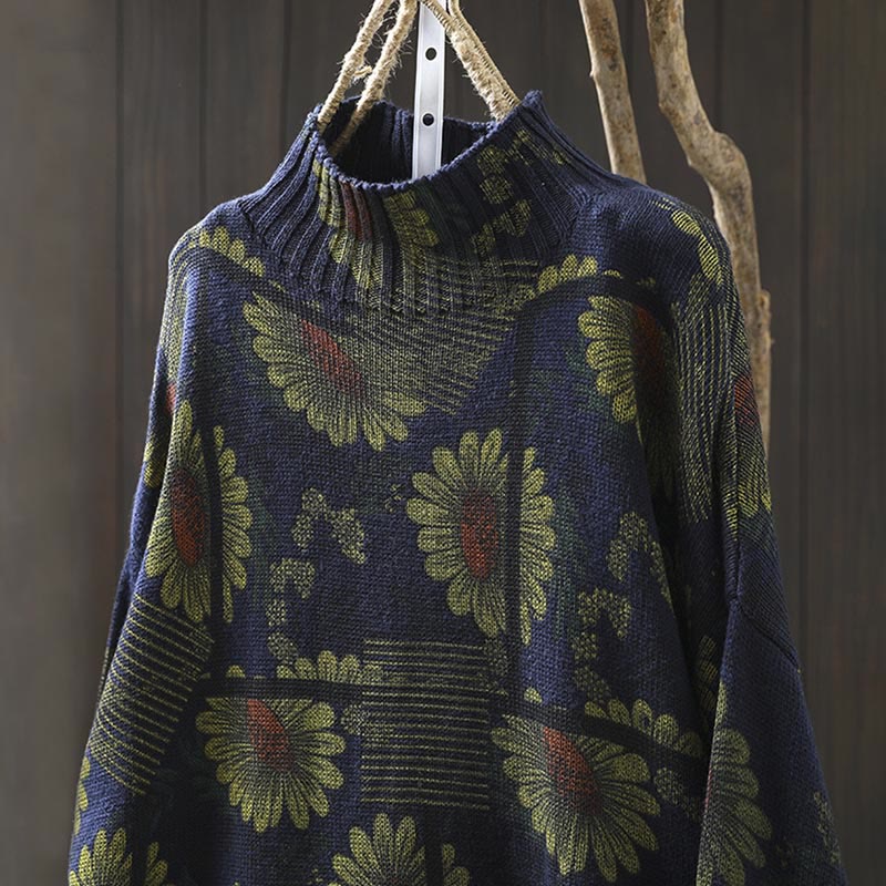 Maglione da donna in cotone a maniche lunghe con collo alto e motivo a girasole Buddha Stones - image 4
