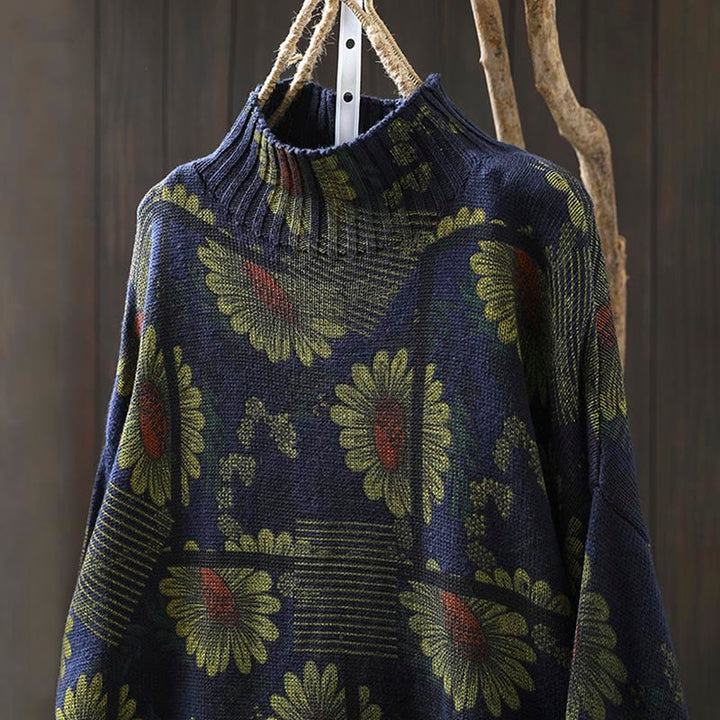 Maglione da donna in cotone a maniche lunghe con collo alto e motivo a girasole Buddha Stones - image 4