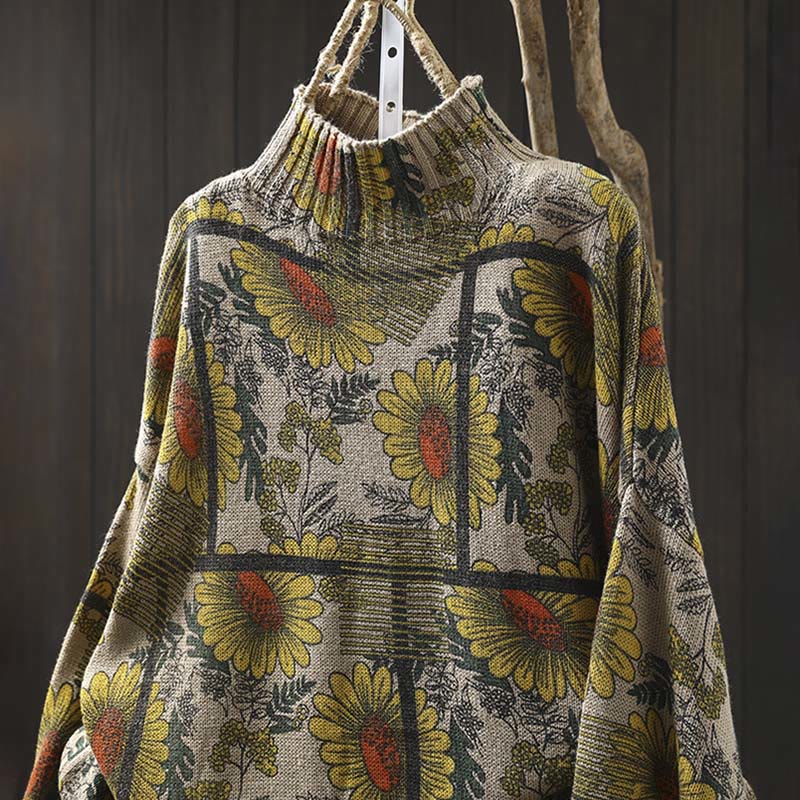 Maglione da donna in cotone a maniche lunghe con collo alto e motivo a girasole Buddha Stones - image 1