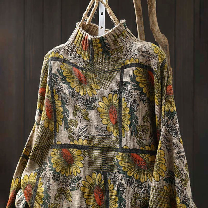 Maglione da donna in cotone a maniche lunghe con collo alto e motivo a girasole Buddha Stones - image 1