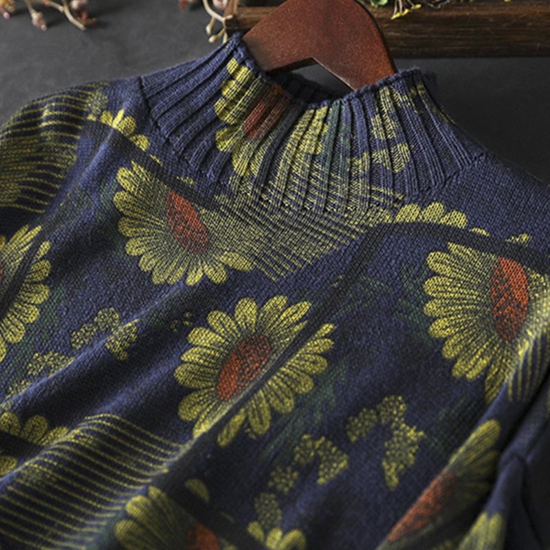 Maglione da donna in cotone a maniche lunghe con collo alto e motivo a girasole Buddha Stones - image 7