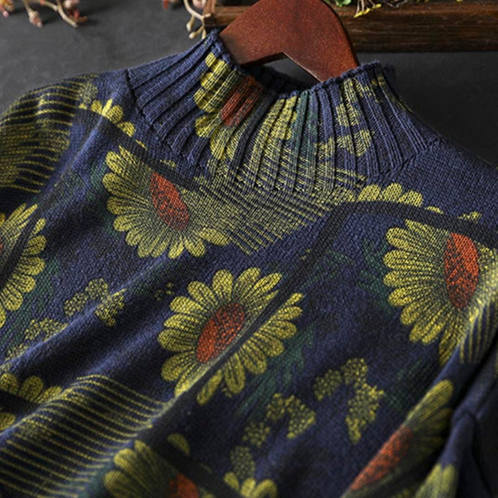 Maglione da donna in cotone a maniche lunghe con collo alto e motivo a girasole Buddha Stones - image 7