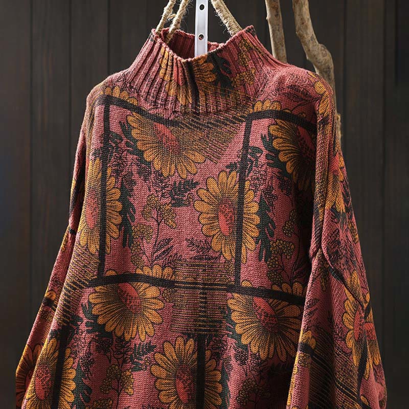 Maglione da donna in cotone a maniche lunghe con collo alto e motivo a girasole Buddha Stones - image 14