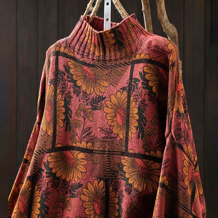 Maglione da donna in cotone a maniche lunghe con collo alto e motivo a girasole Buddha Stones - image 14