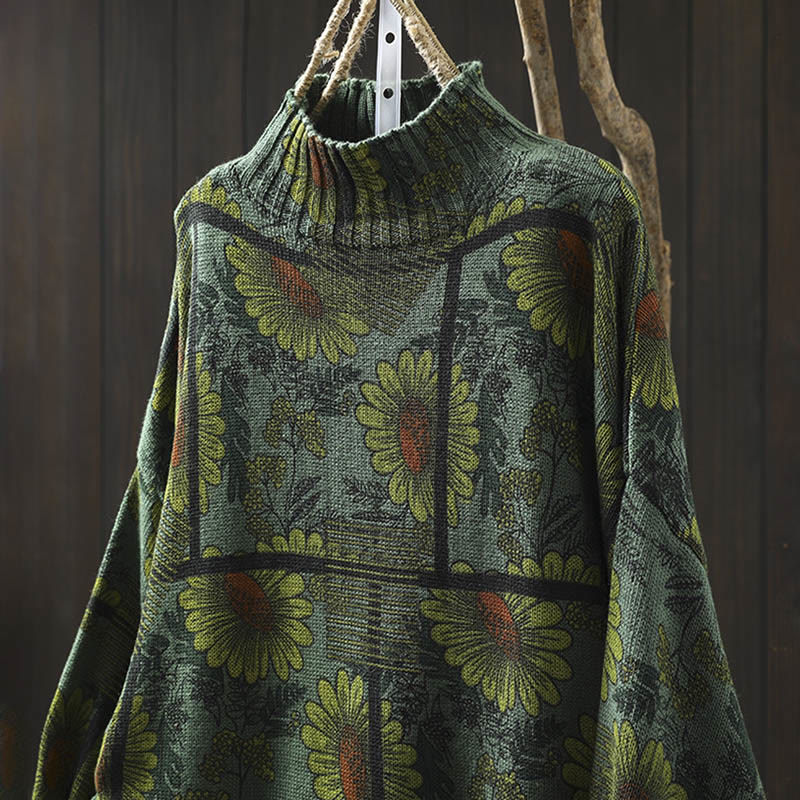 Maglione da donna in cotone a maniche lunghe con collo alto e motivo a girasole Buddha Stones - image 16