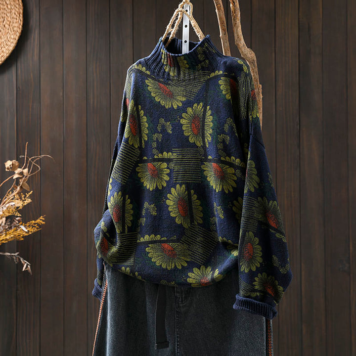 Maglione da donna in cotone a maniche lunghe con collo alto e motivo a girasole Buddha Stones - Blu notte - US4-8/10, UK/AU8-12/14, EU36-40/42 (F) - image 2