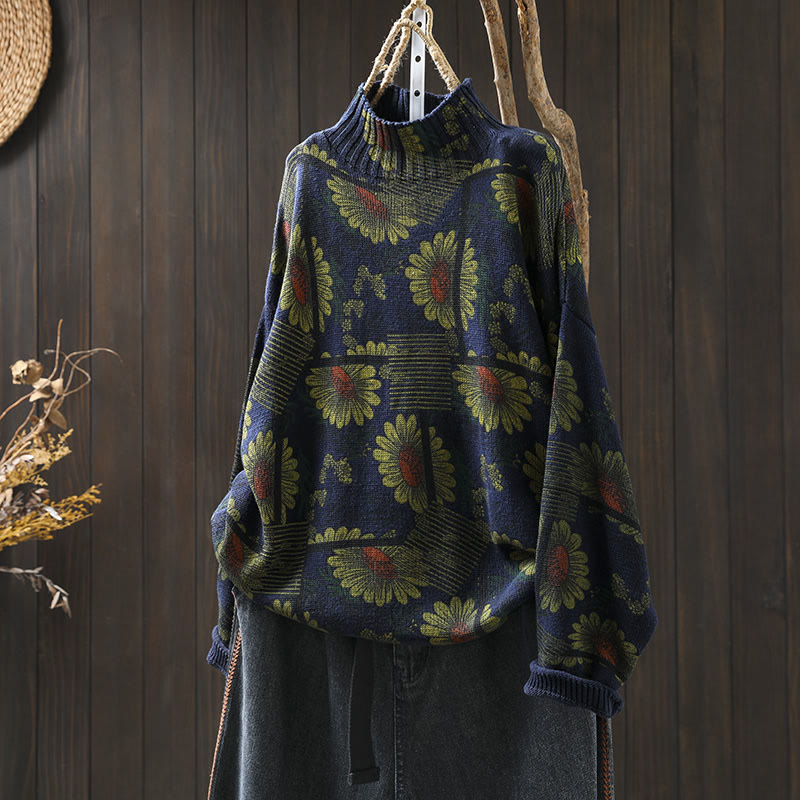 Maglione da donna in cotone a maniche lunghe con collo alto e motivo a girasole Buddha Stones - Blu notte - US4-8/10， UK/AU8-12/14，EU36-40/42 (F) - image 2