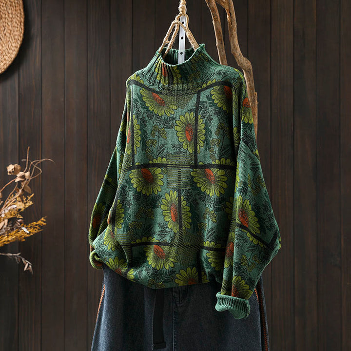 Maglione da donna in cotone a maniche lunghe con collo alto e motivo a girasole Buddha Stones - SeaGreen - US4-8/10， UK/AU8-12/14，EU36-40/42 (F) - image 15