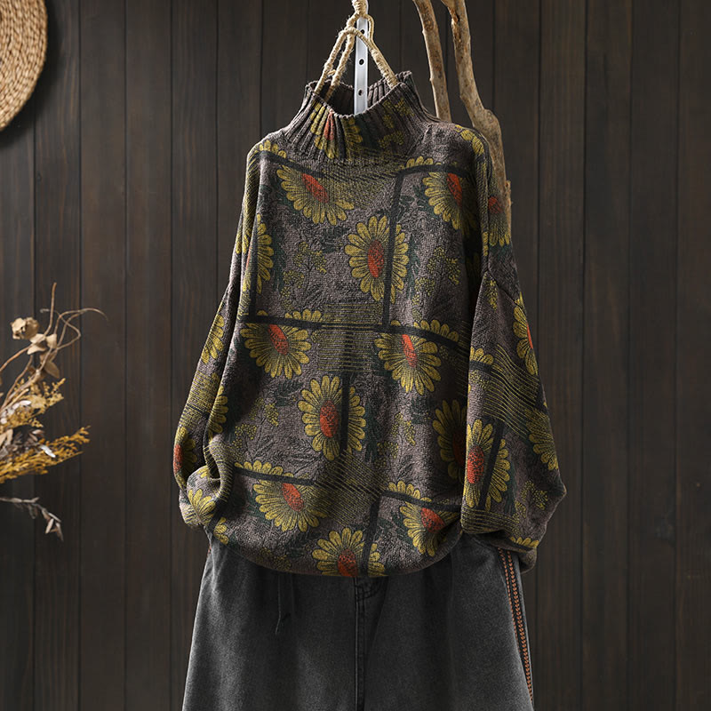 Maglione da donna in cotone a maniche lunghe con collo alto e motivo a girasole Buddha Stones - Marrone - US4-8/10， UK/AU8-12/14，EU36-40/42 (F) - image 17