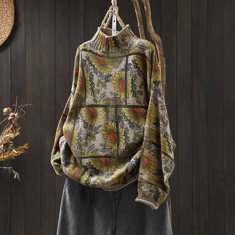 Maglione da donna in cotone a maniche lunghe con collo alto e motivo a girasole Buddha Stones - Biancheria - US4-8/10， UK/AU8-12/14，EU36-40/42 (F) - image 0