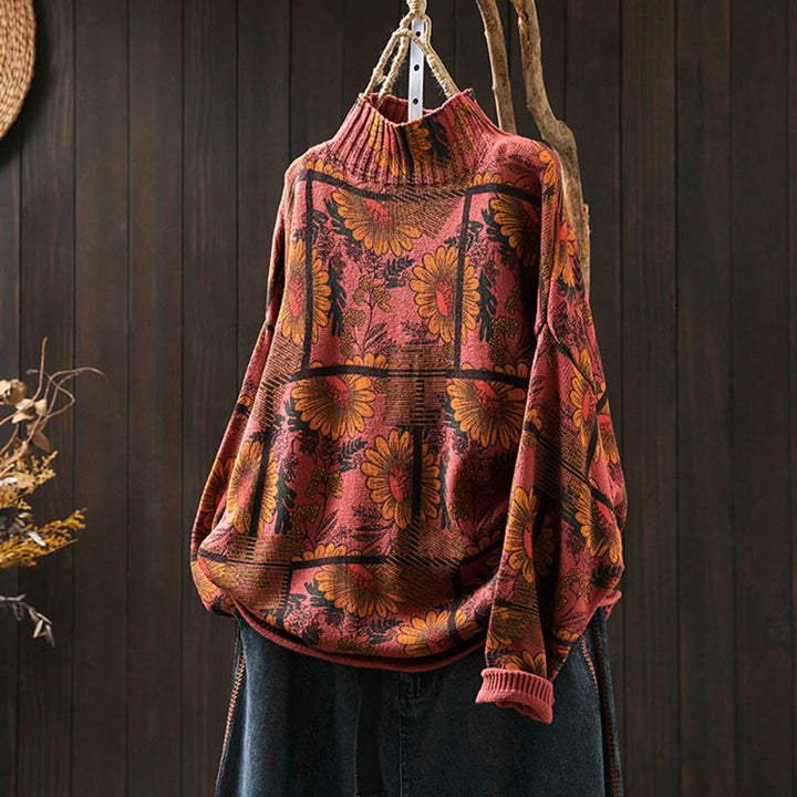 Maglione da donna in cotone a maniche lunghe con collo alto e motivo a girasole Buddha Stones - Arancione Rosso - US4-8/10， UK/AU8-12/14，EU36-40/42 (F) - image 13