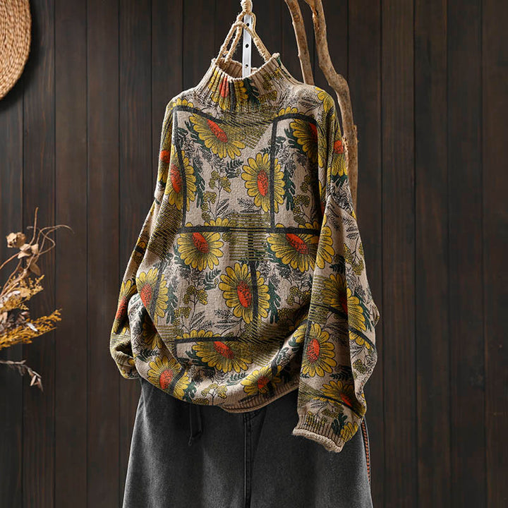 Maglione da donna in cotone a maniche lunghe con collo alto e motivo a girasole Buddha Stones - Biancheria - US4-8/10， UK/AU8-12/14，EU36-40/42 (F) - image 0