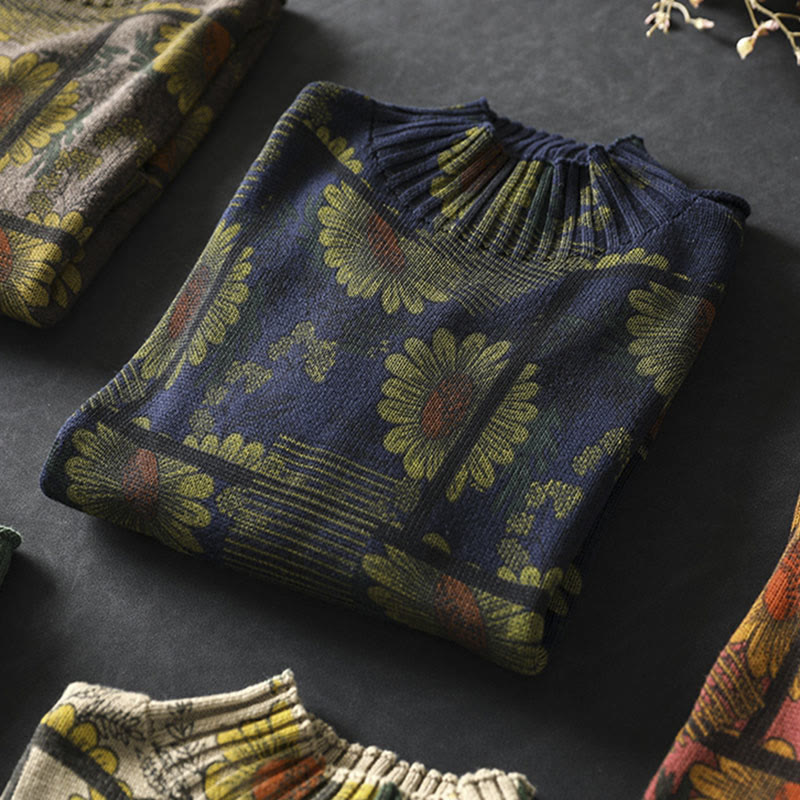 Maglione da donna in cotone a maniche lunghe con collo alto e motivo a girasole Buddha Stones - image 6