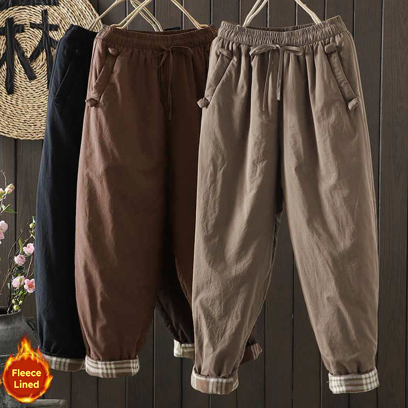 Pantaloni harem termici invernali con coulisse e fodera in pile da donna Buddha Stones con tasche - image 0