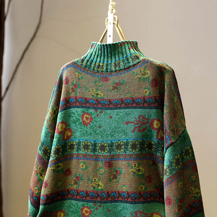 Maglione da donna in cotone a maniche lunghe con collo alto e motivo floreale color-block invernale Buddha Stones - image 5