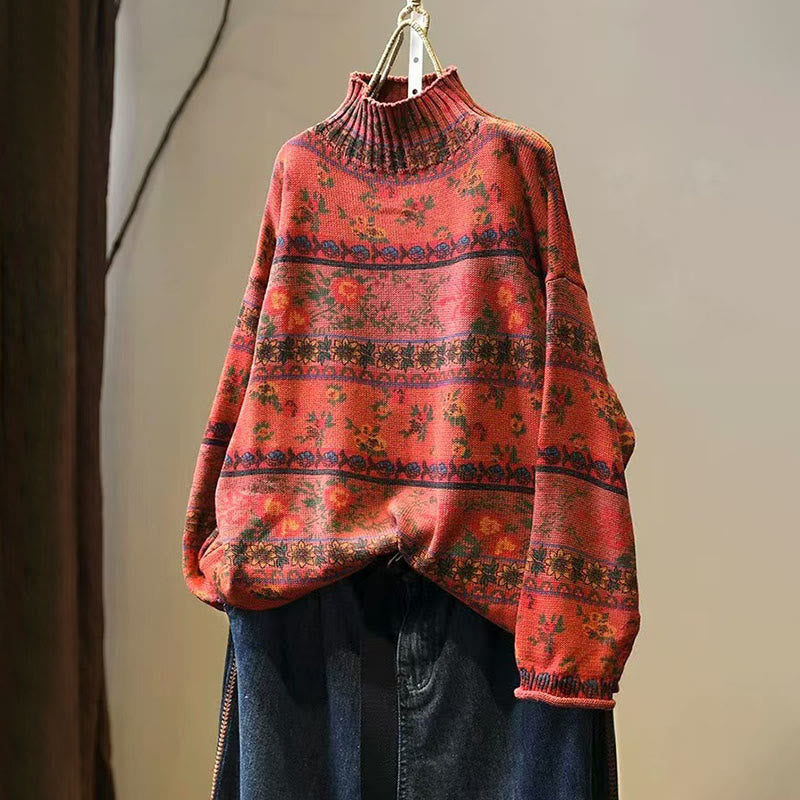 Maglione da donna in cotone a maniche lunghe con collo alto e motivo floreale color-block invernale Buddha Stones - Arancione Rosso - US4， UK/AU8，EU36-38 (F) - image 13