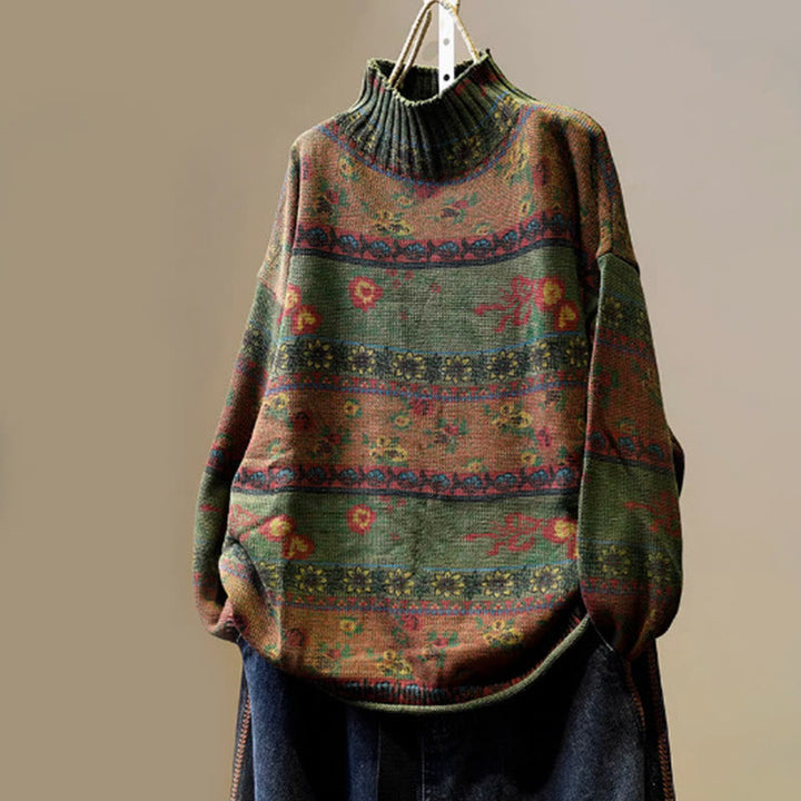 Maglione da donna in cotone a maniche lunghe con collo alto e motivo floreale color-block invernale Buddha Stones - Verde oliva scuro - US4， UK/AU8，EU36-38 (F) - image 15