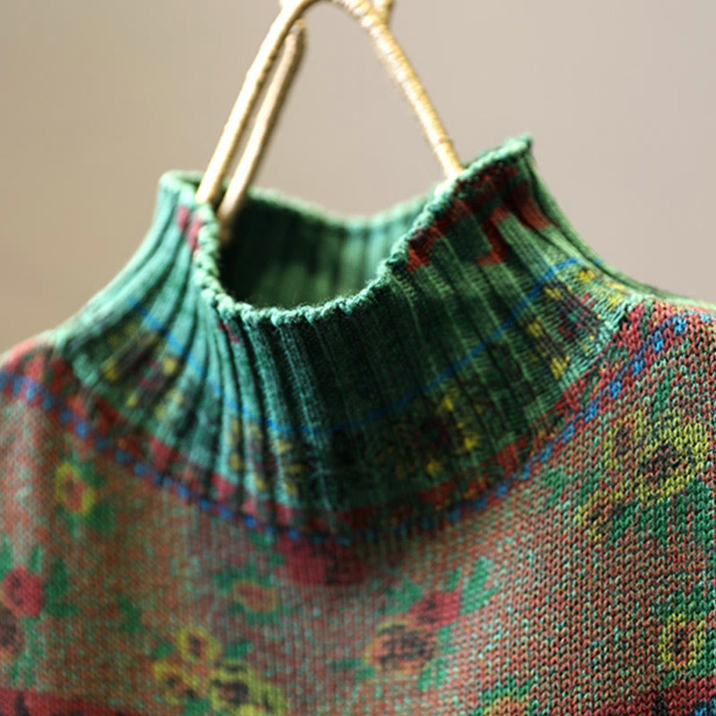 Maglione da donna in cotone a maniche lunghe con collo alto e motivo floreale color-block invernale Buddha Stones - image 6