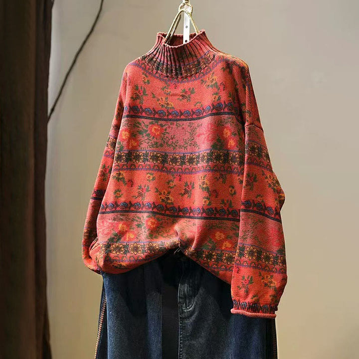 Maglione da donna in cotone a maniche lunghe con collo alto e motivo floreale color-block invernale Buddha Stones - RossoArancione - US4, UK/AU8, EU36-38 (F) - image 13