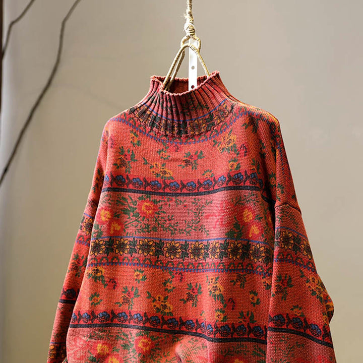 Maglione da donna in cotone a maniche lunghe con collo alto e motivo floreale color-block invernale Buddha Stones - image 14