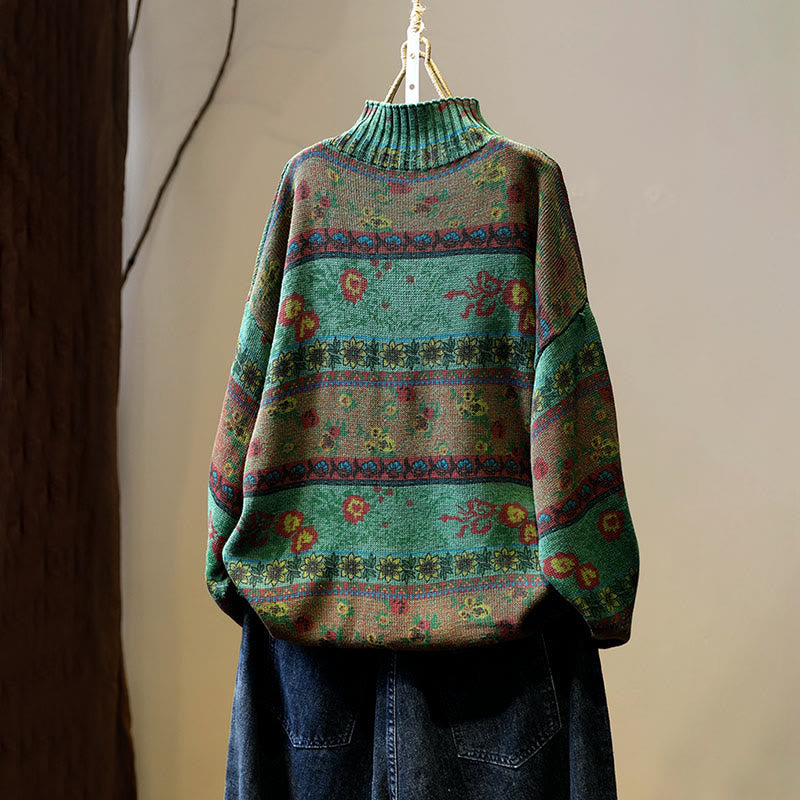 Maglione da donna in cotone a maniche lunghe con collo alto e motivo floreale color-block invernale Buddha Stones - image 3