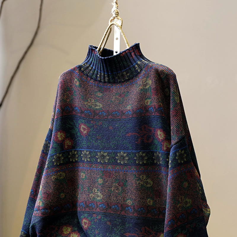 Maglione da donna in cotone a maniche lunghe con collo alto e motivo floreale color-block invernale Buddha Stones - image 12