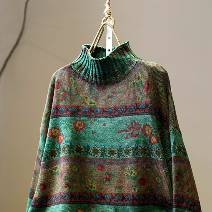 Maglione da donna in cotone a maniche lunghe con collo alto e motivo floreale color-block invernale Buddha Stones - image 4