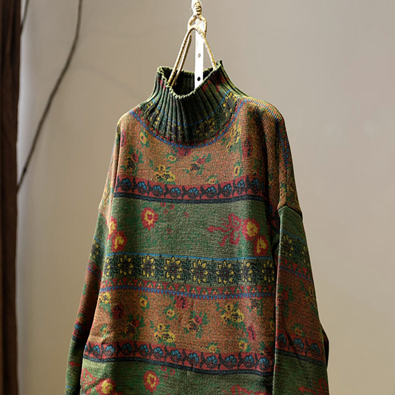 Maglione da donna in cotone a maniche lunghe con collo alto e motivo floreale color-block invernale Buddha Stones - image 16