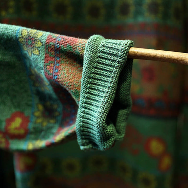 Maglione da donna in cotone a maniche lunghe con collo alto e motivo floreale color-block invernale Buddha Stones - image 9